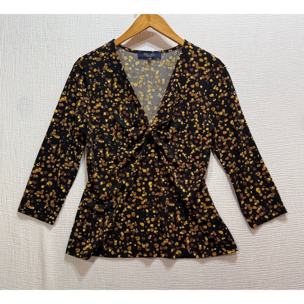 Rachel Roy Women's Black Gold Dot Print Twist Front V Neck 3/4 Sleeve Top M